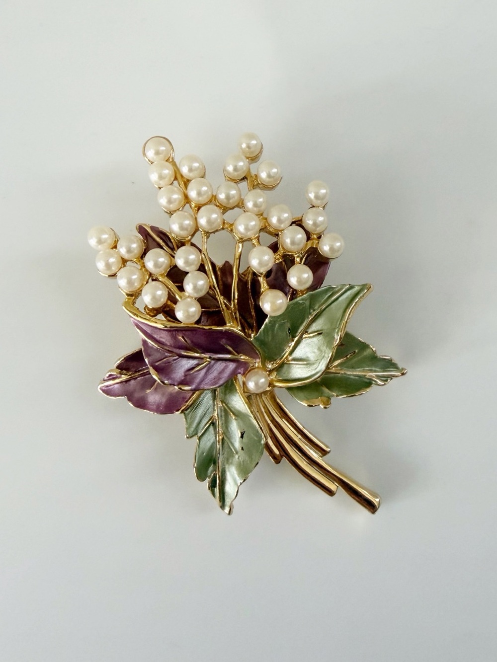 Vintage Flowers Plant Enamel Pearls Gold Tone Statement Brooch Pin